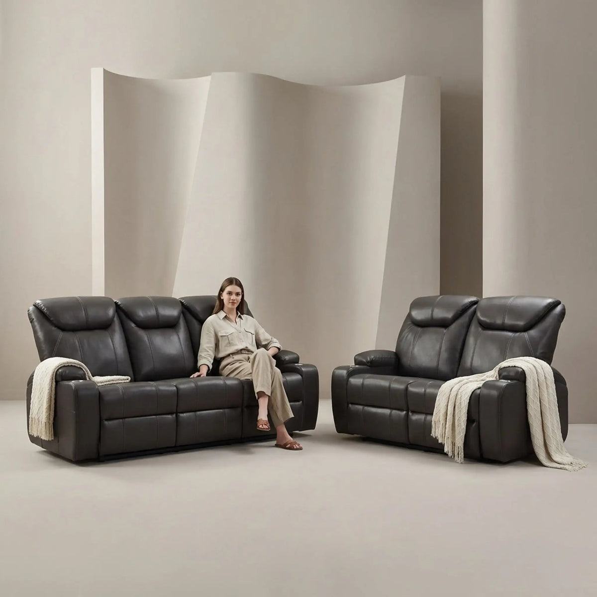 Cinema Grey Electric Leather 3+2 Recliner Sofa Set With Two Cup Holders - Furniture Instore