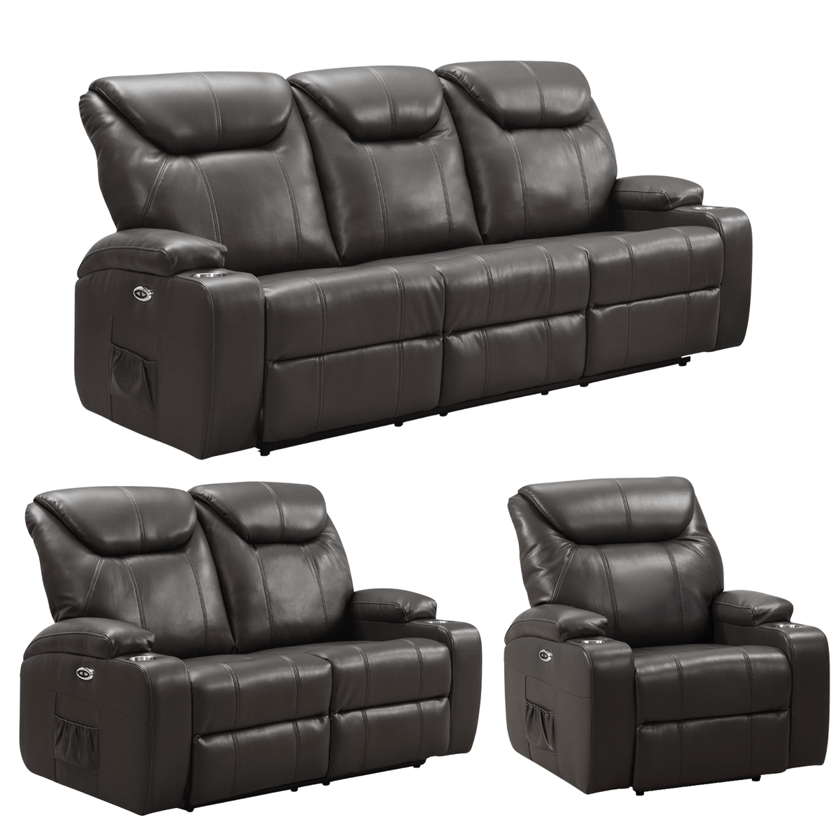 Grey leather reclining sofa set on a white background