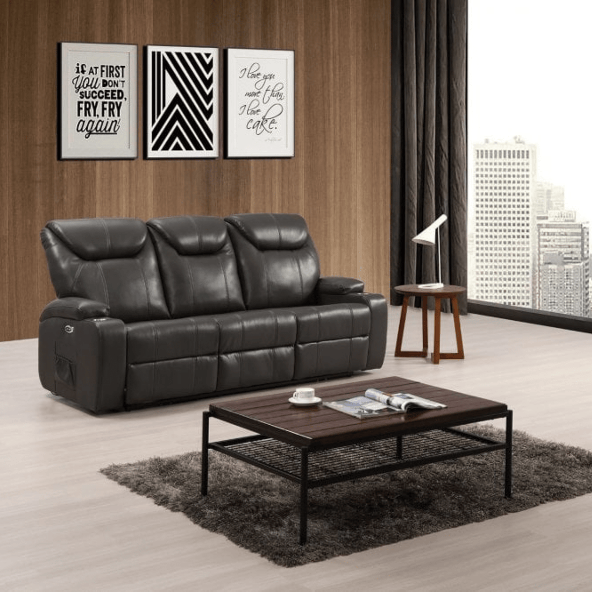 Modern living room with a black leather sofa, wooden coffee table, and decorative elements.