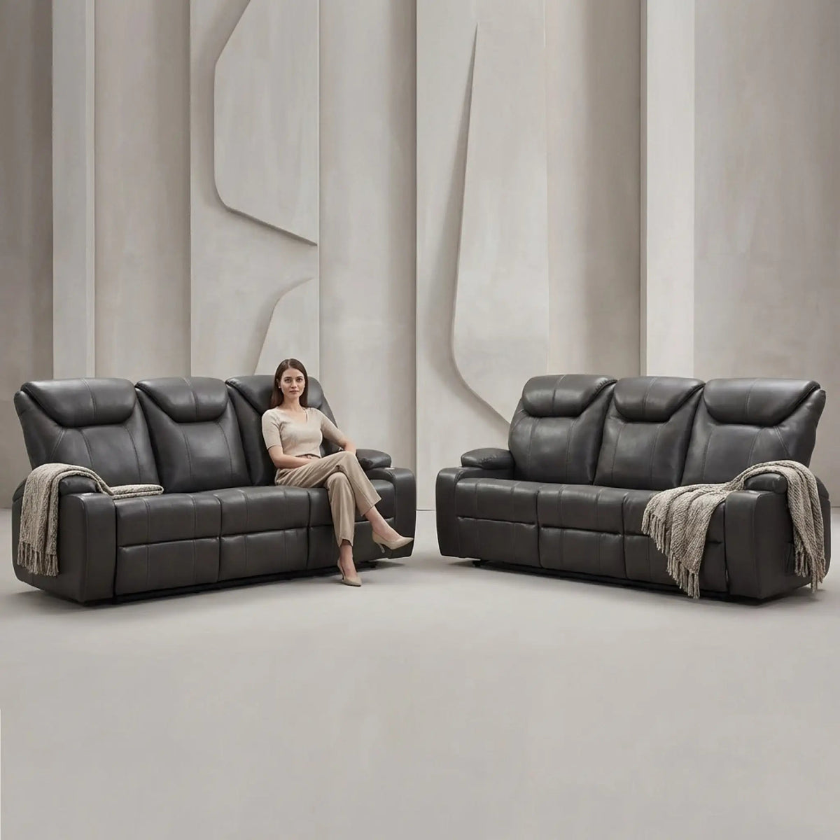 Cinema Grey Electric Leather 3+3 Recliner Sofa With Two Cup Holders - Furniture Instore