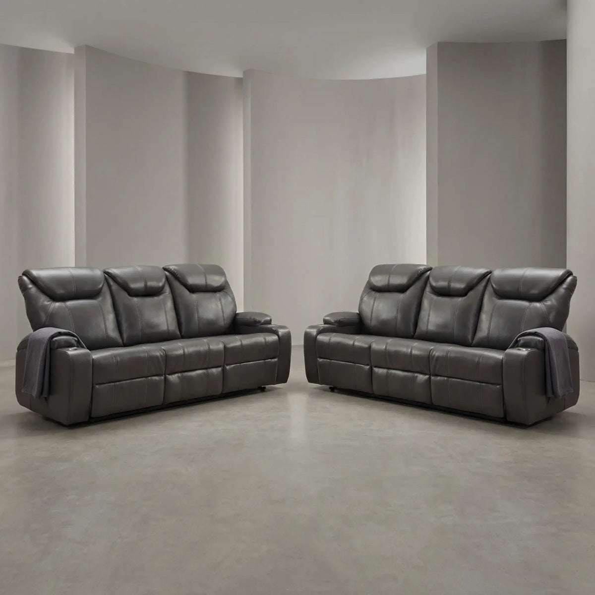Cinema Grey Electric Leather 3+3 Recliner Sofa With Two Cup Holders - Furniture Instore