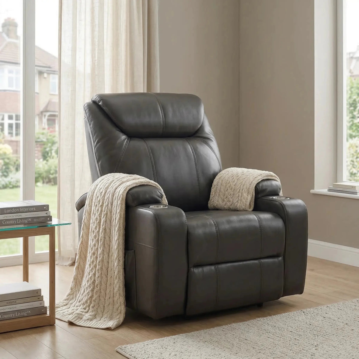 Cinema Grey Electric Leather Recliner Armchair With Two Cup Holders - Furniture Instore