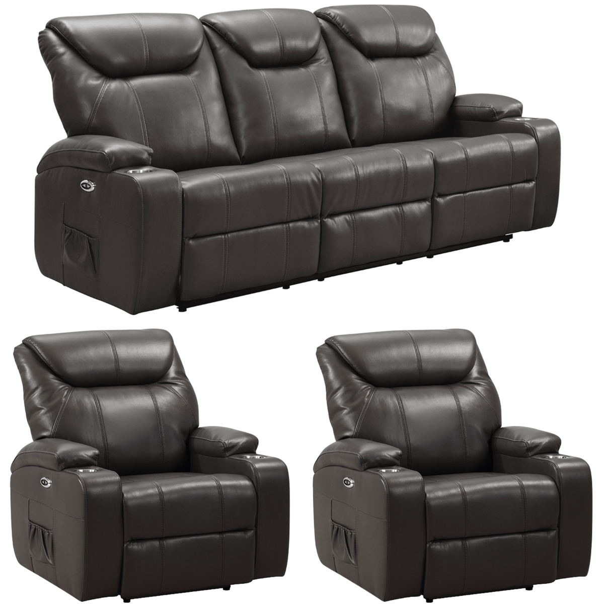 Set of grey leather recliner chairs on a white background