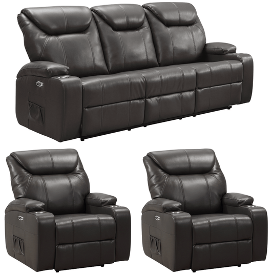 Set of grey leather recliner chairs on a white background