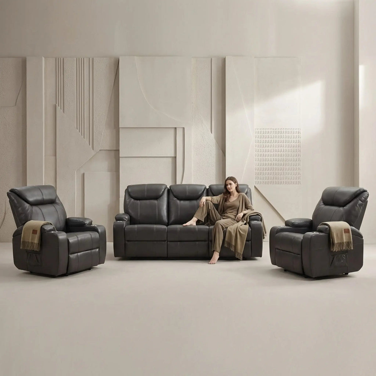 Cinema Grey Leather 3+1+1 Electric Recliner Sofa Set With Two Cup Holders - Furniture Instore