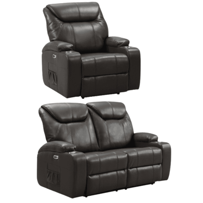Cinema Grey Leather Electric 2+1 Recliner Sofa Set With Two Cup Holders