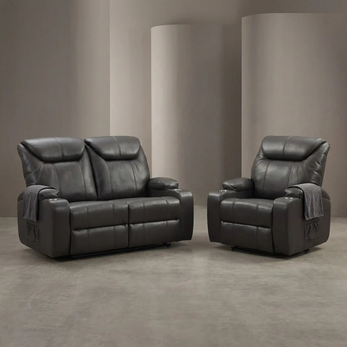 Cinema Grey Leather Electric 2+1 Recliner Sofa Set With Two Cup Holders - Furniture Instore