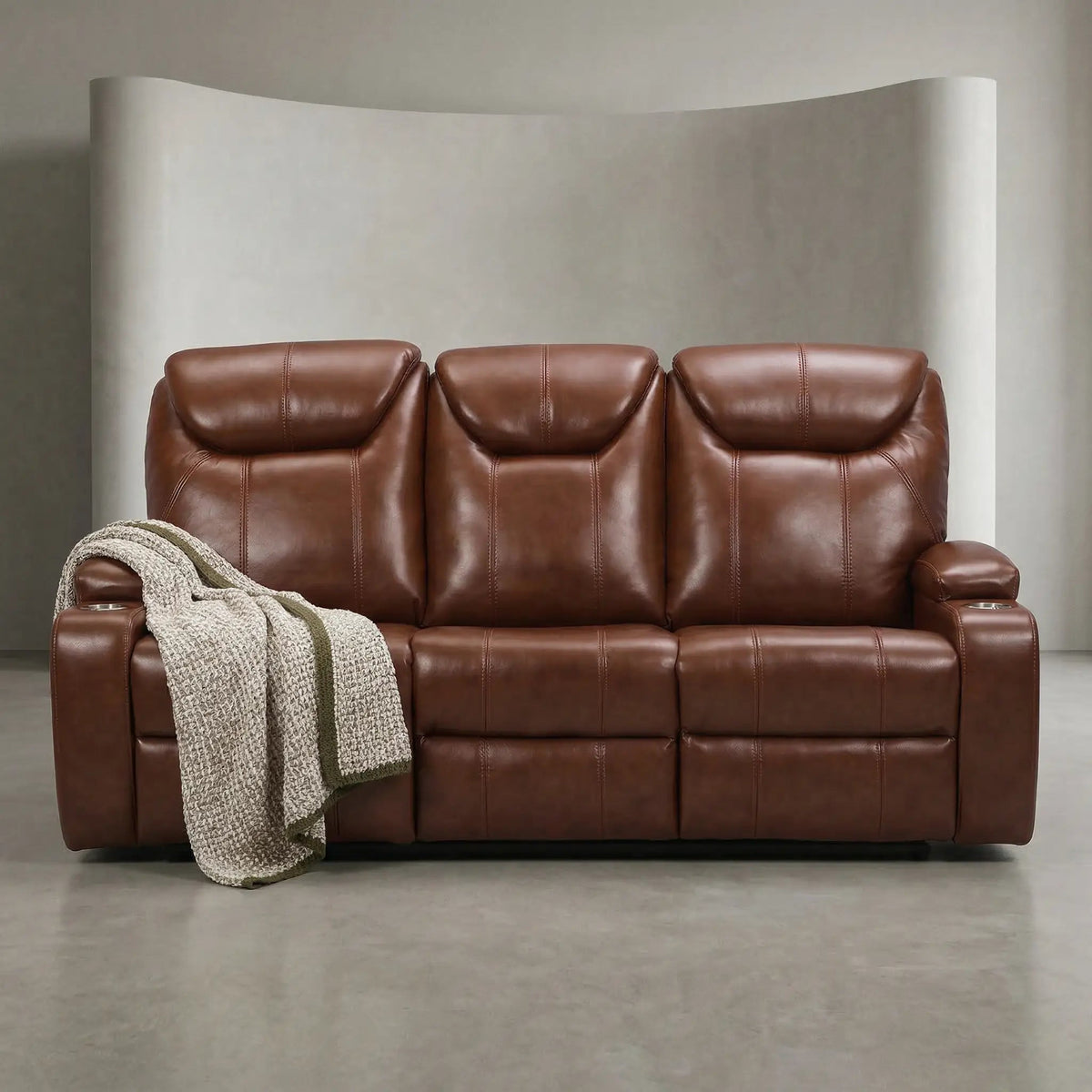 Cinema Tan Electric Leather 3 Seater Recliner Sofa With Two Cup Holders - Furniture Instore