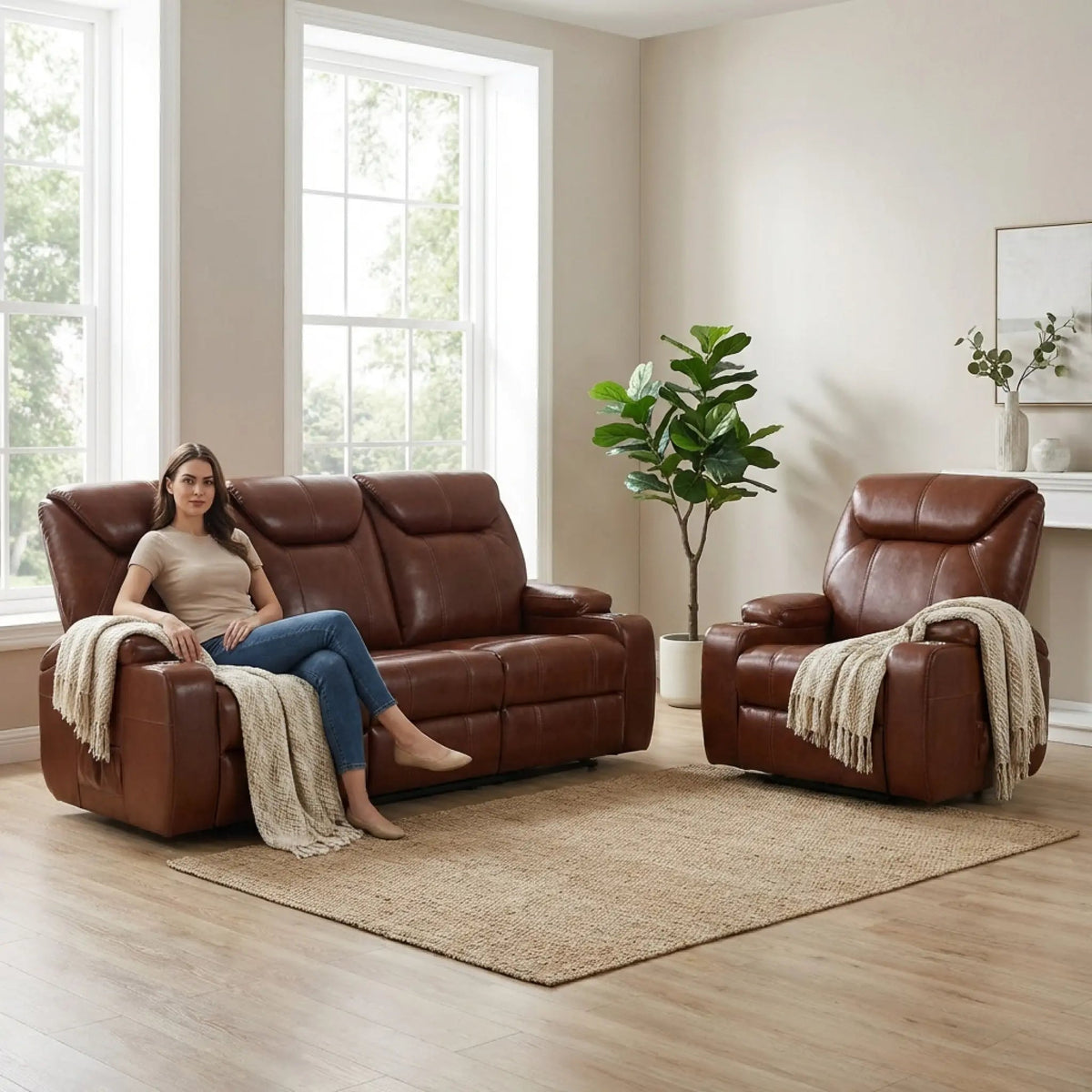 Cinema Tan Electric Leather 3+1 Seater Recliner Sofa Set With Two Cup Holders - Furniture Instore