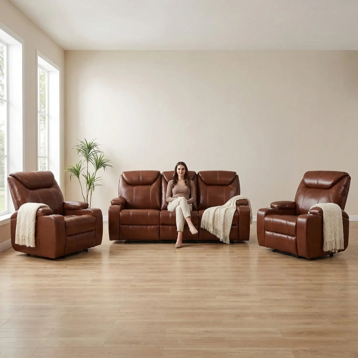Cinema Tan Electric Leather 3+1+1 Seater Recliner Sofa Set With Two Cup Holders - Furniture Instore