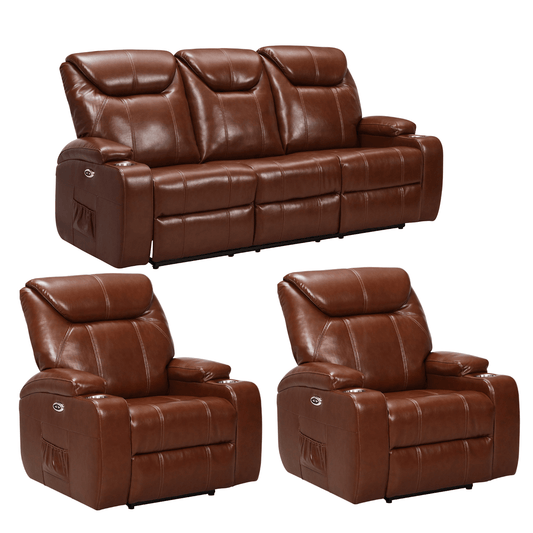 Brown leather reclining sofa and two recliner chairs on a white background