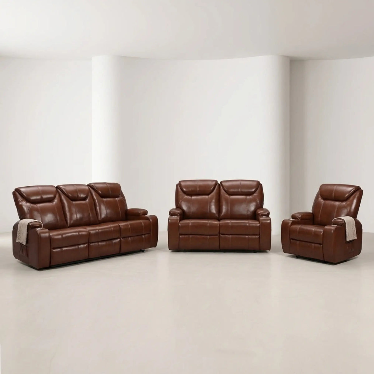 Cinema Tan Electric Leather 3+2+1 Seater Recliner Sofa Set With Two Cup Holders - Furniture Instore