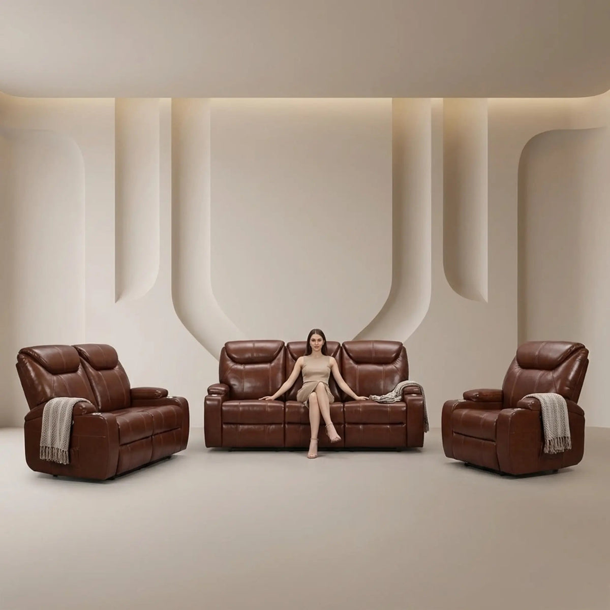 Cinema Tan Electric Leather 3+2+1 Seater Recliner Sofa Set With Two Cup Holders - Furniture Instore