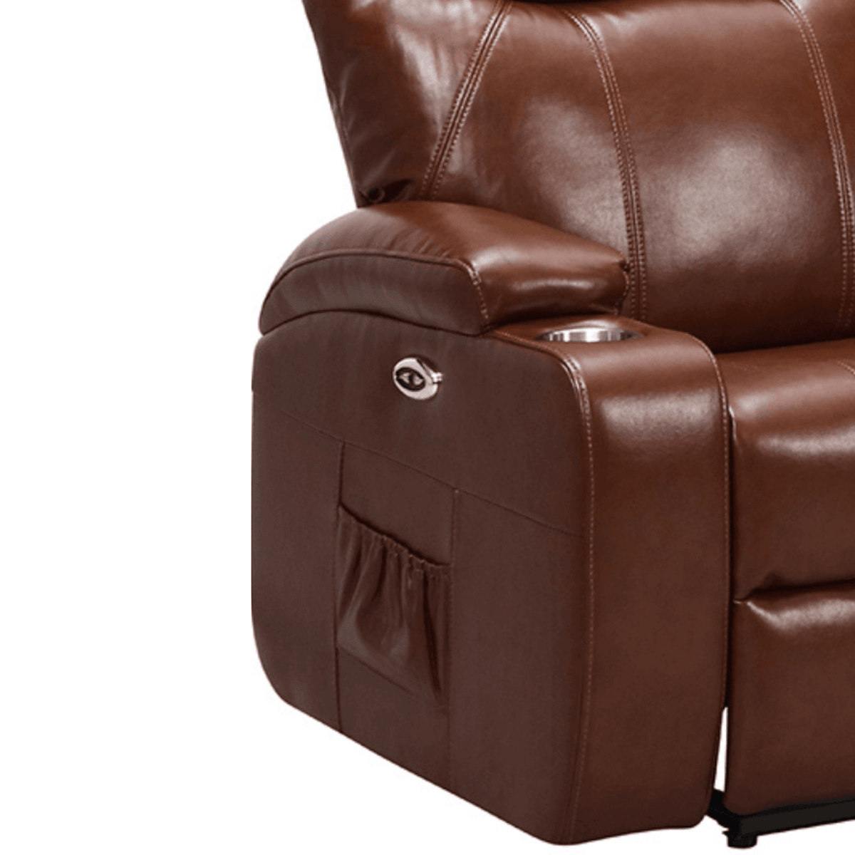 Brown leather recliner chair with cup holder on a white background