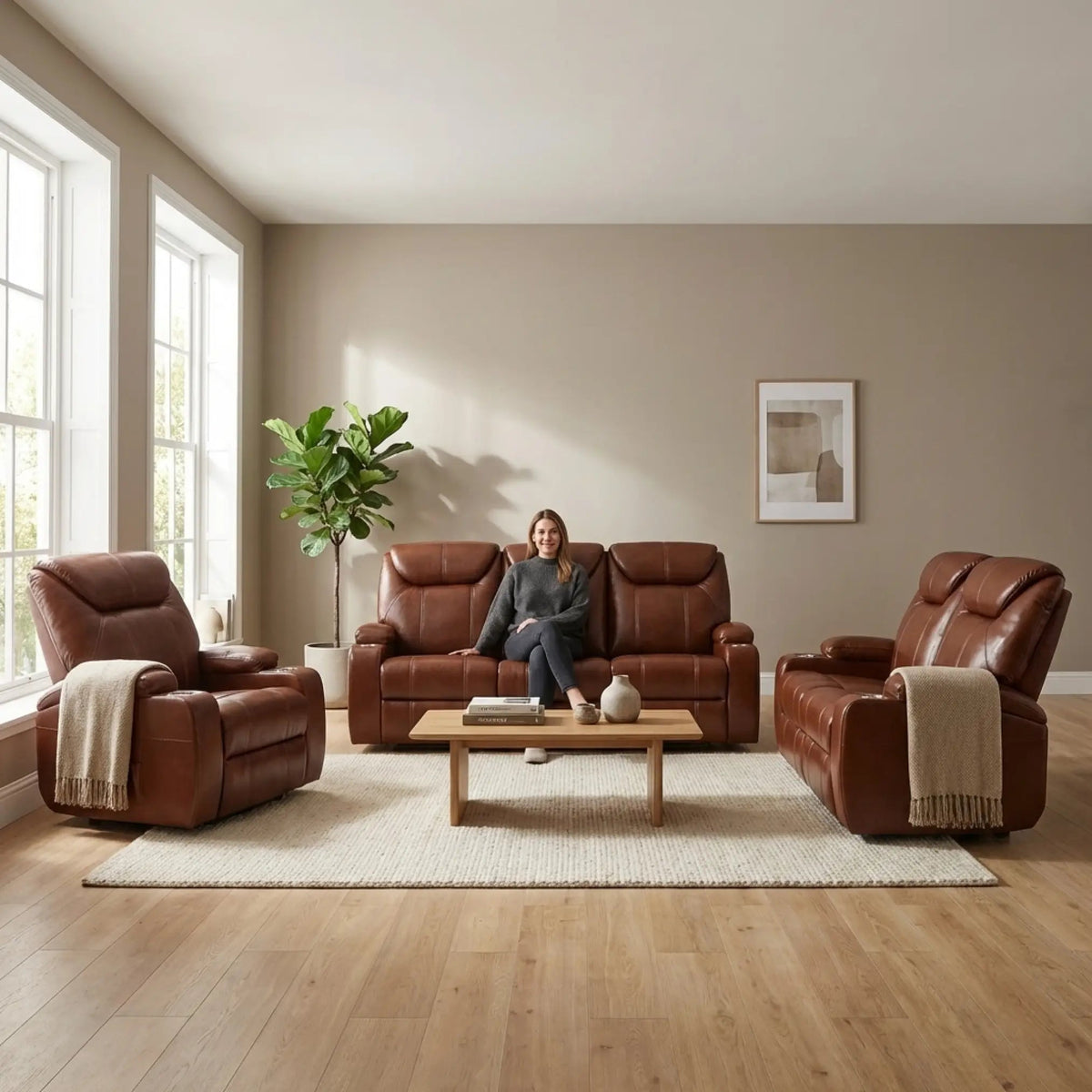 Cinema Tan Electric Leather 3+2+1 Seater Recliner Sofa Set With Two Cup Holders - Furniture Instore