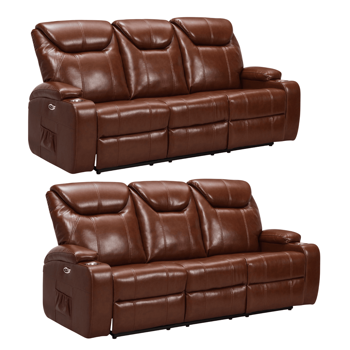 Two brown leather recliner sofas on a white background
