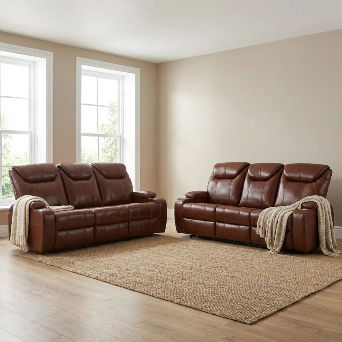 Cinema Tan Electric Leather 3+3 Seater Recliner Sofa Set With Two Cup Holders - Furniture Instore