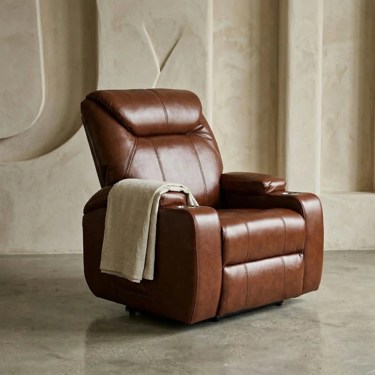 Cinema Tan Electric Leather Recliner Armchair With Two Cup Holders - Furniture Instore