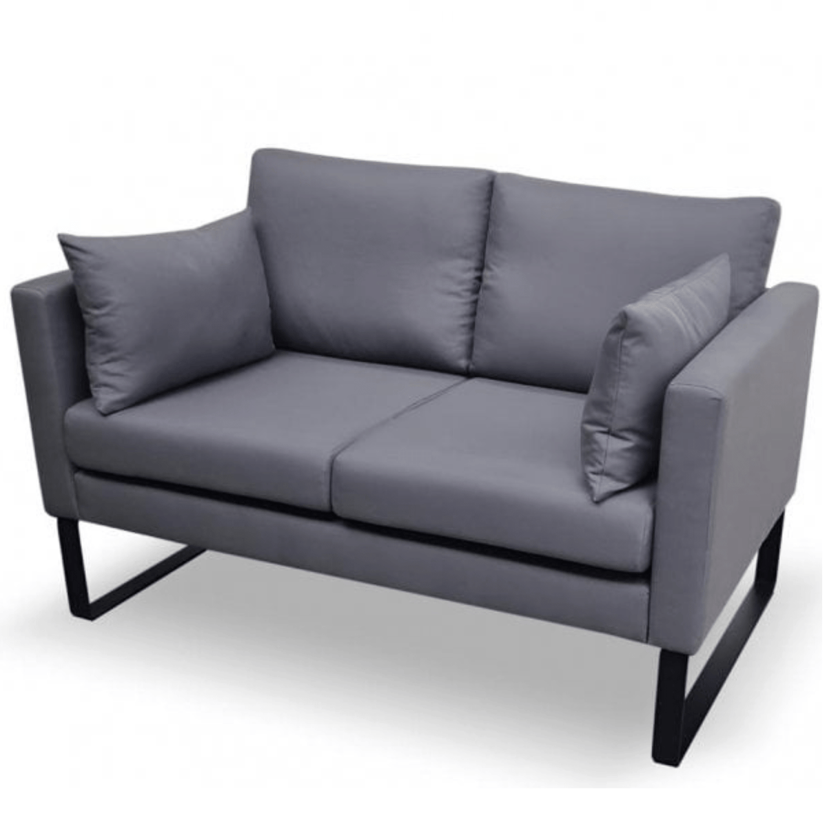 Gray two-seater sofa with black legs on a white background
