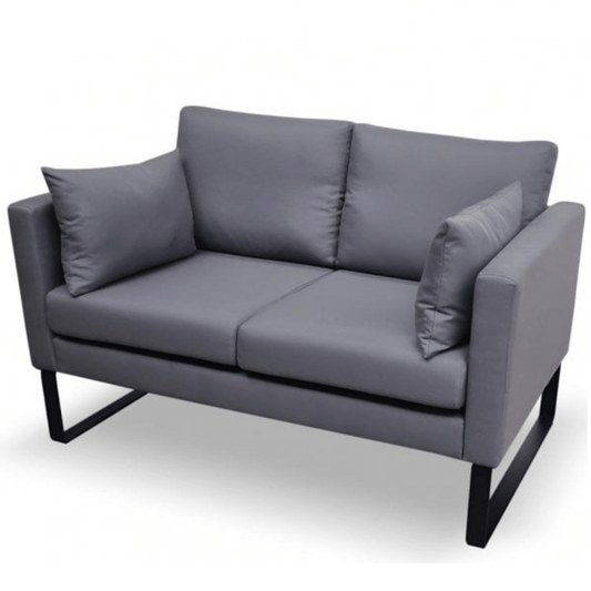 Gray two-seater sofa with black legs on a white background