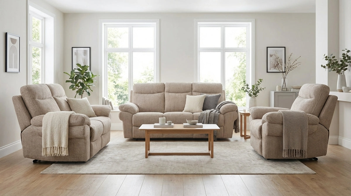 Tanya beige fabric recliner 3+1+1 sofa set