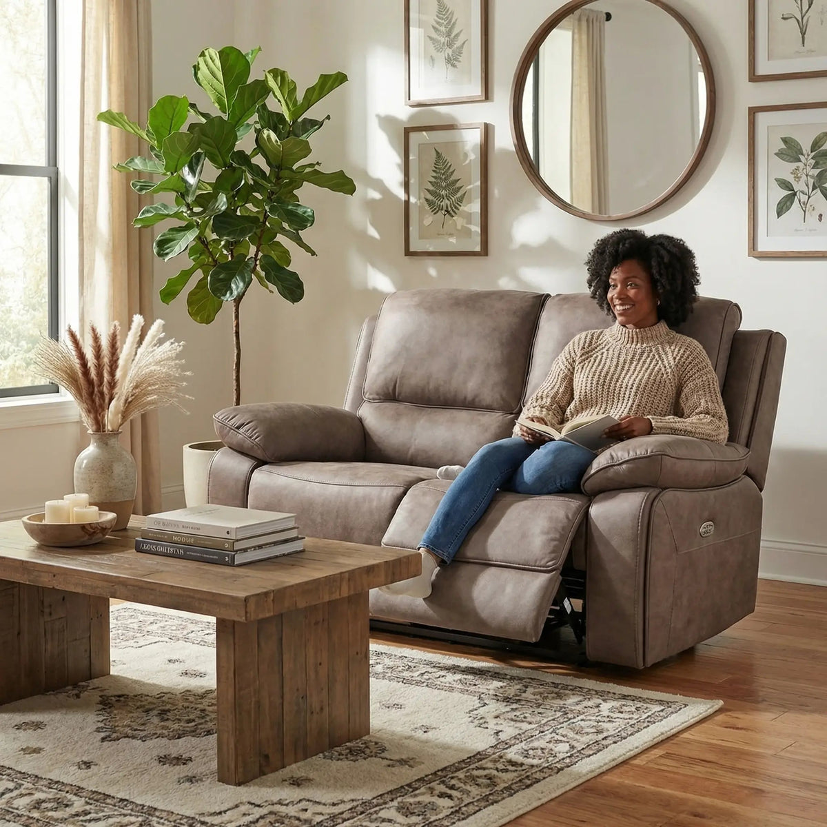 Maple Brown Suede Fabric Electric Recliner 2 Seater Sofa - view 7 - Furniture Instore