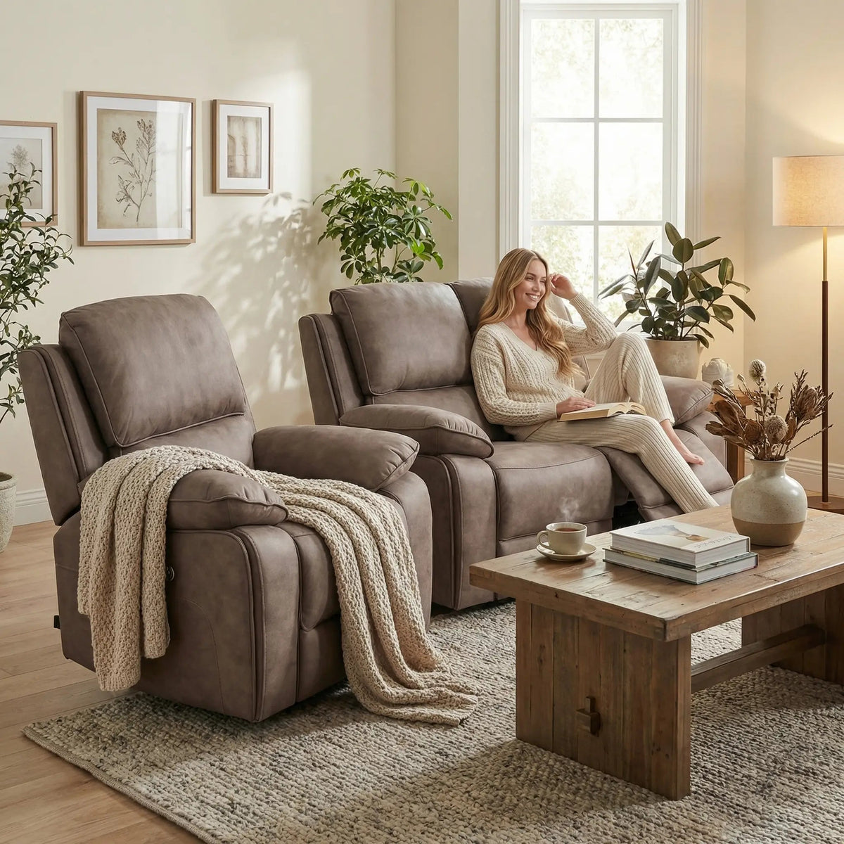 Maple Brown Suede Electric Recliner 2+1 Sofa Set - view 3 - Furniture Instore