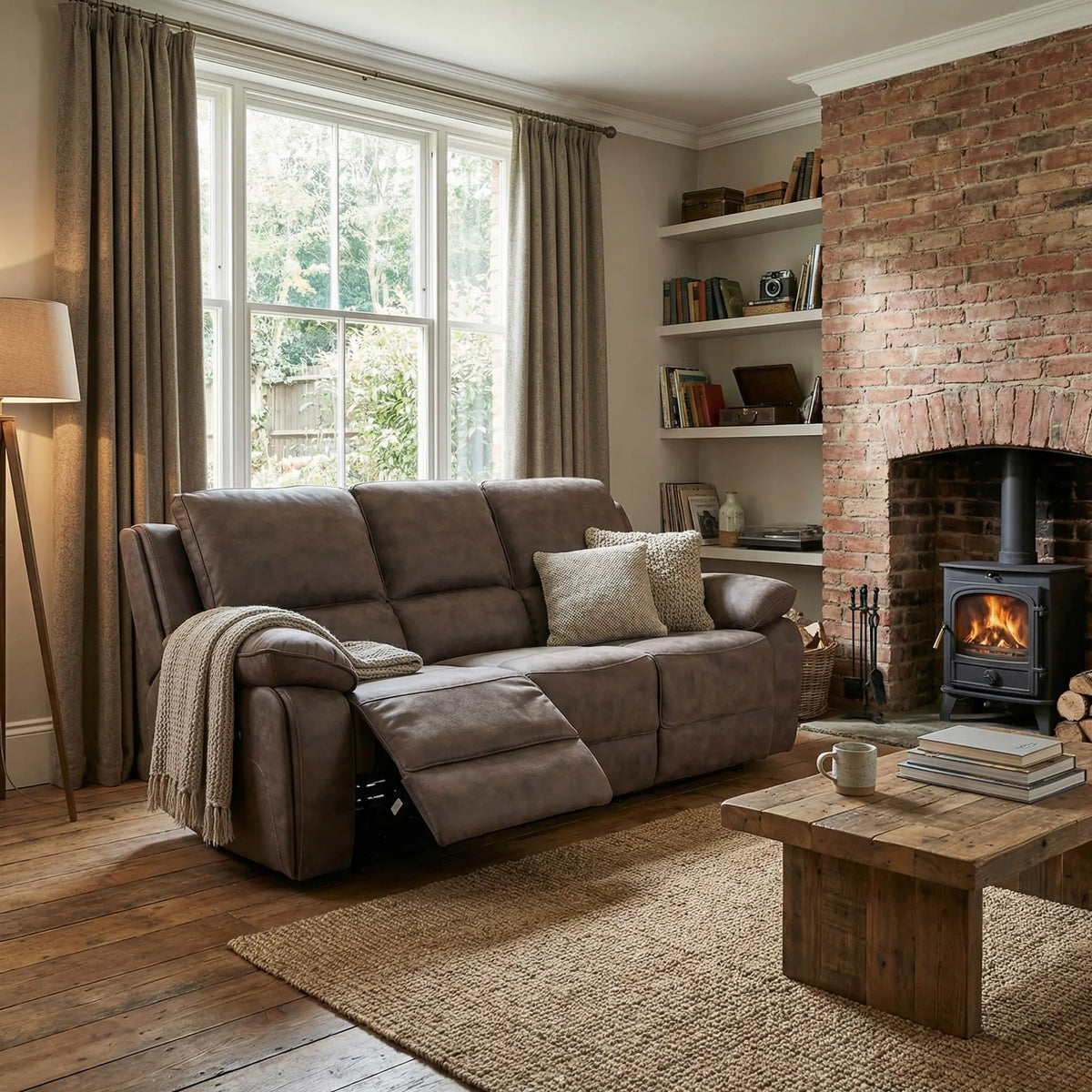 Maple Brown Suede Fabric Electric Recliner 3 Seater Sofa - view 5 - Furniture Instore