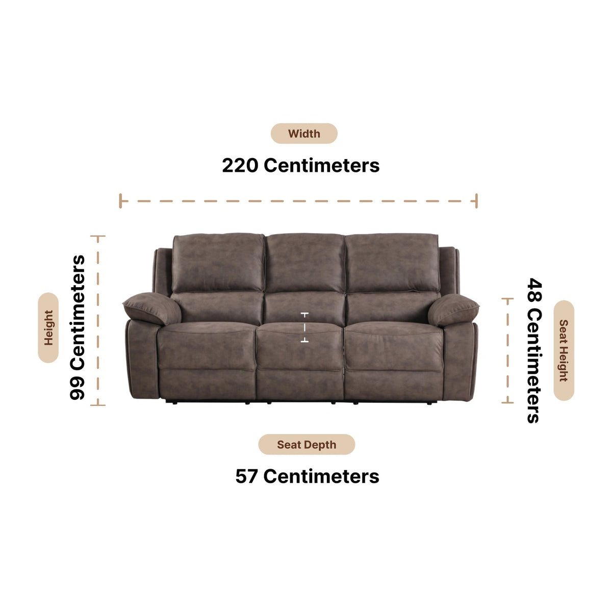 Maple Brown Suede Fabric Electric Recliner 3 Seater Sofa Dimensions