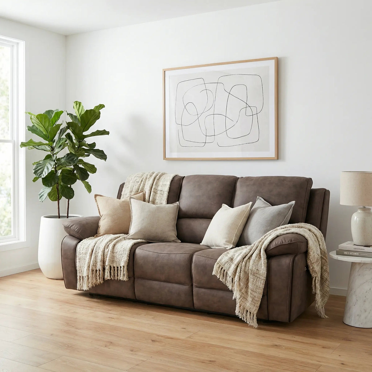 Maple Brown Suede Fabric Electric Recliner 3 Seater Sofa - view 4 - Furniture Instore