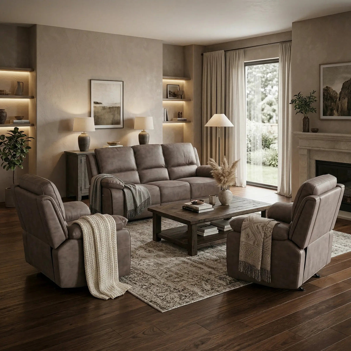 Maple Brown Suede Fabric Electric Recliner 3+1+1 Seater Sofa - view 4 - Furniture Instore