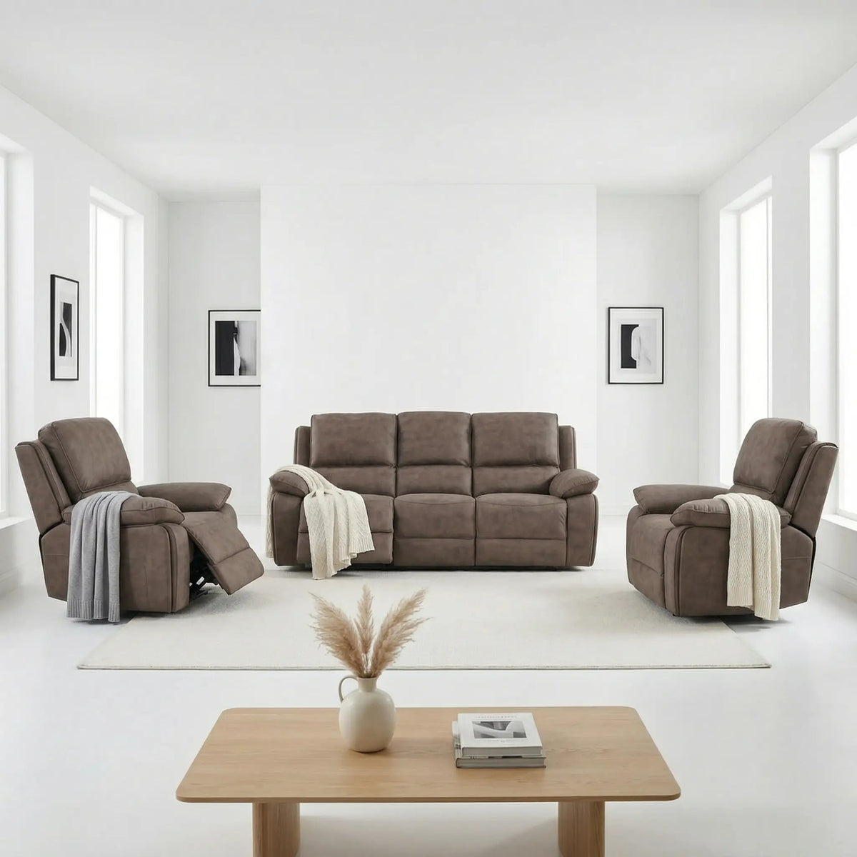 Maple Brown Suede Fabric Electric Recliner 3+1+1 Seater Sofa - Furniture Instore