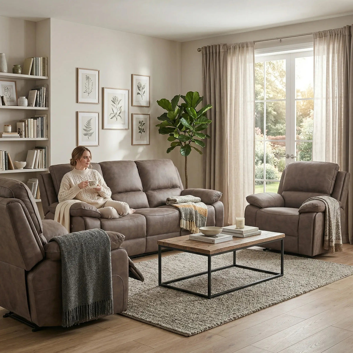 Maple Brown Suede Fabric Electric Recliner 3+1+1 Seater Sofa - view 2 - Furniture Instore