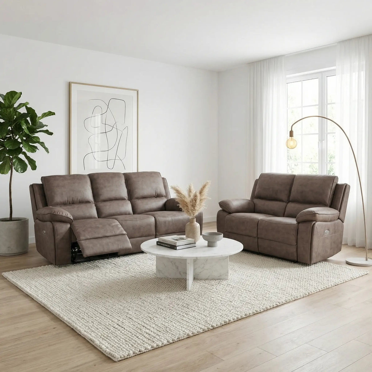 Maple Brown Suede Fabric Electric Recliner 3+2 Seater Sofa Set - Furniture Instore