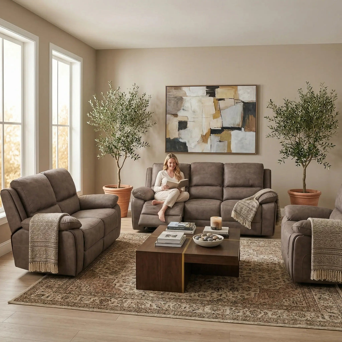 Maple Brown Suede Electric Recliner 3+2+1 Sofa Set - view 2 - Furniture Instore