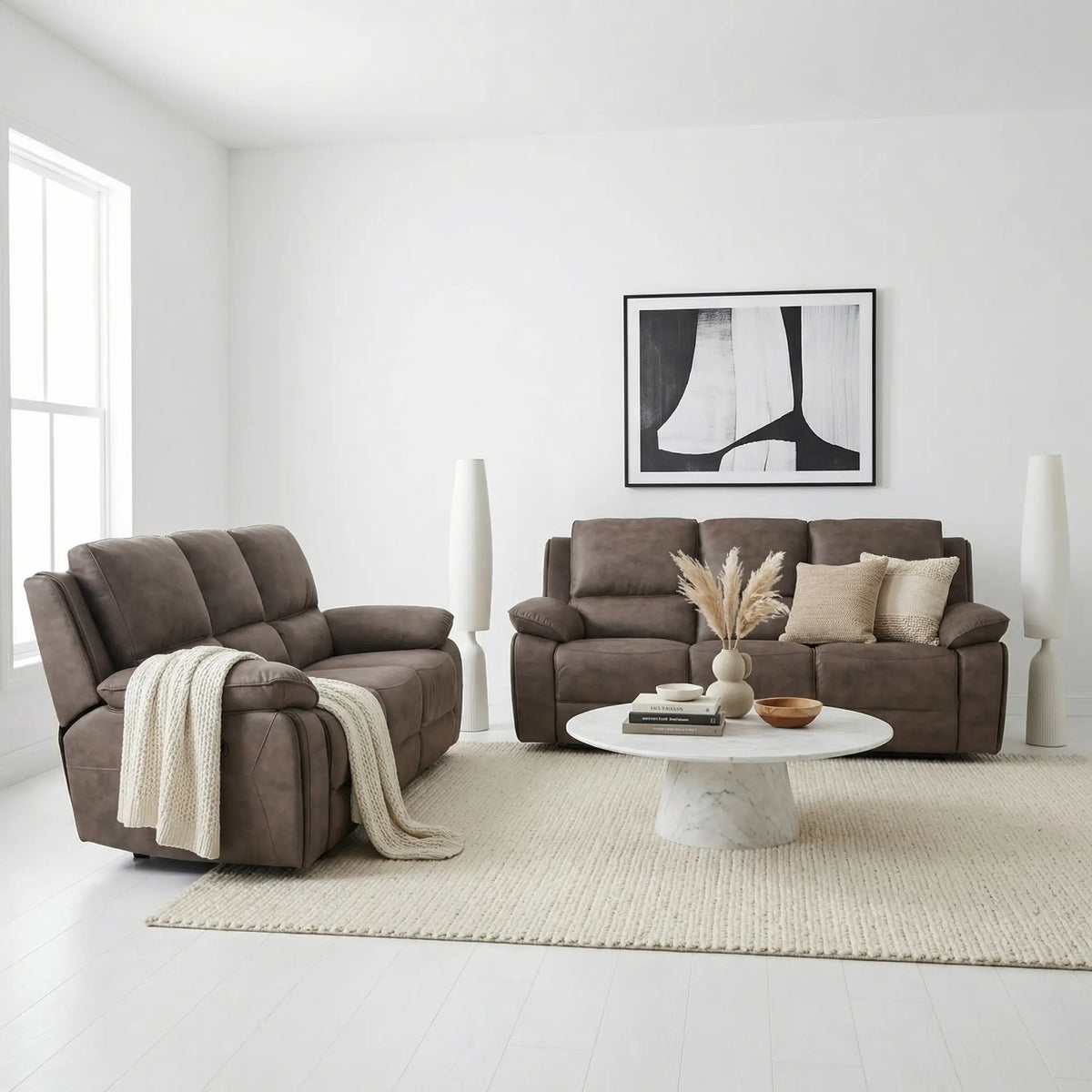 Maple Brown Suede Fabric Electric Recliner 3+3 Seater Sofa Set - Furniture Instore