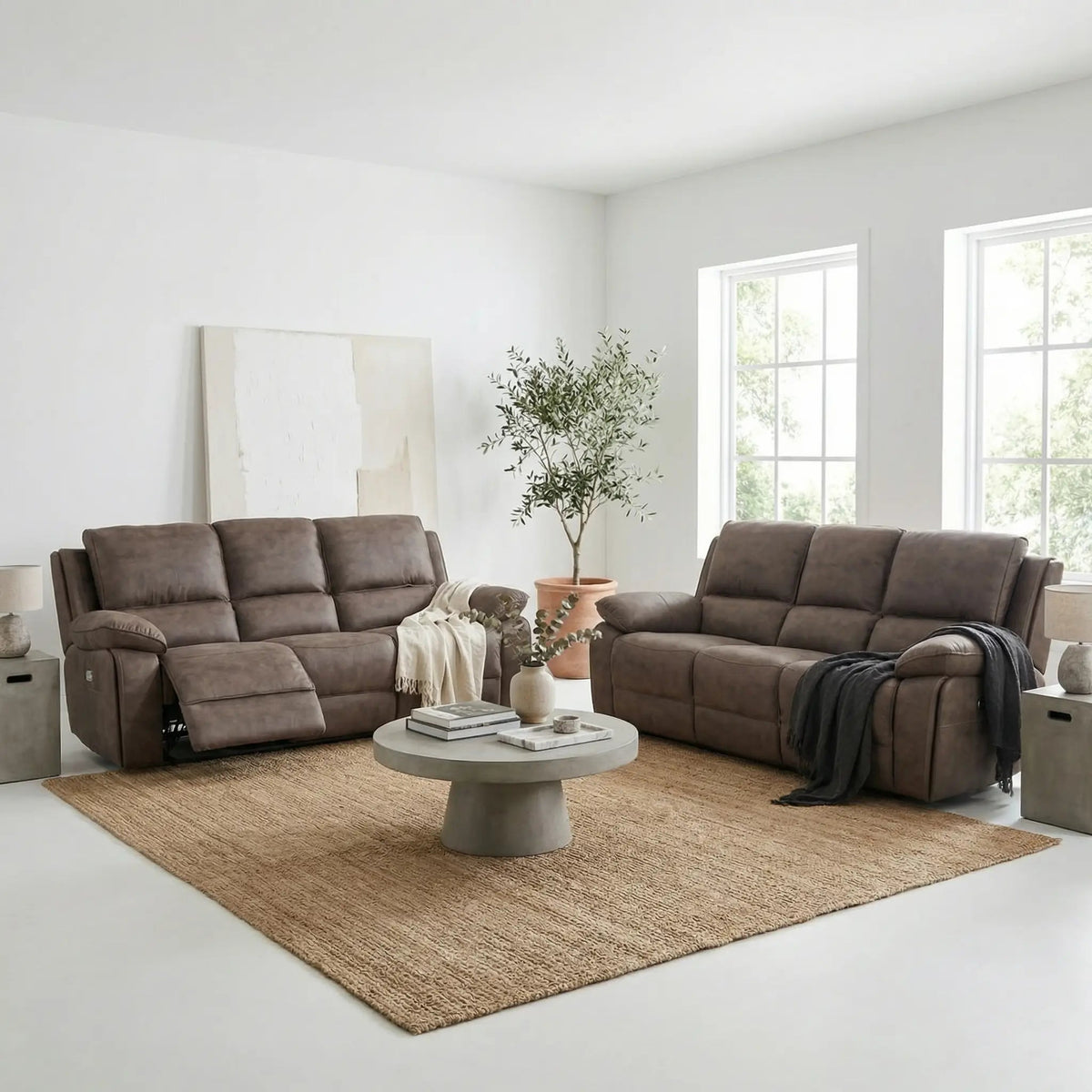 Maple Brown Suede Fabric Electric Recliner 3+3 Seater Sofa - view 2 - Furniture Instore