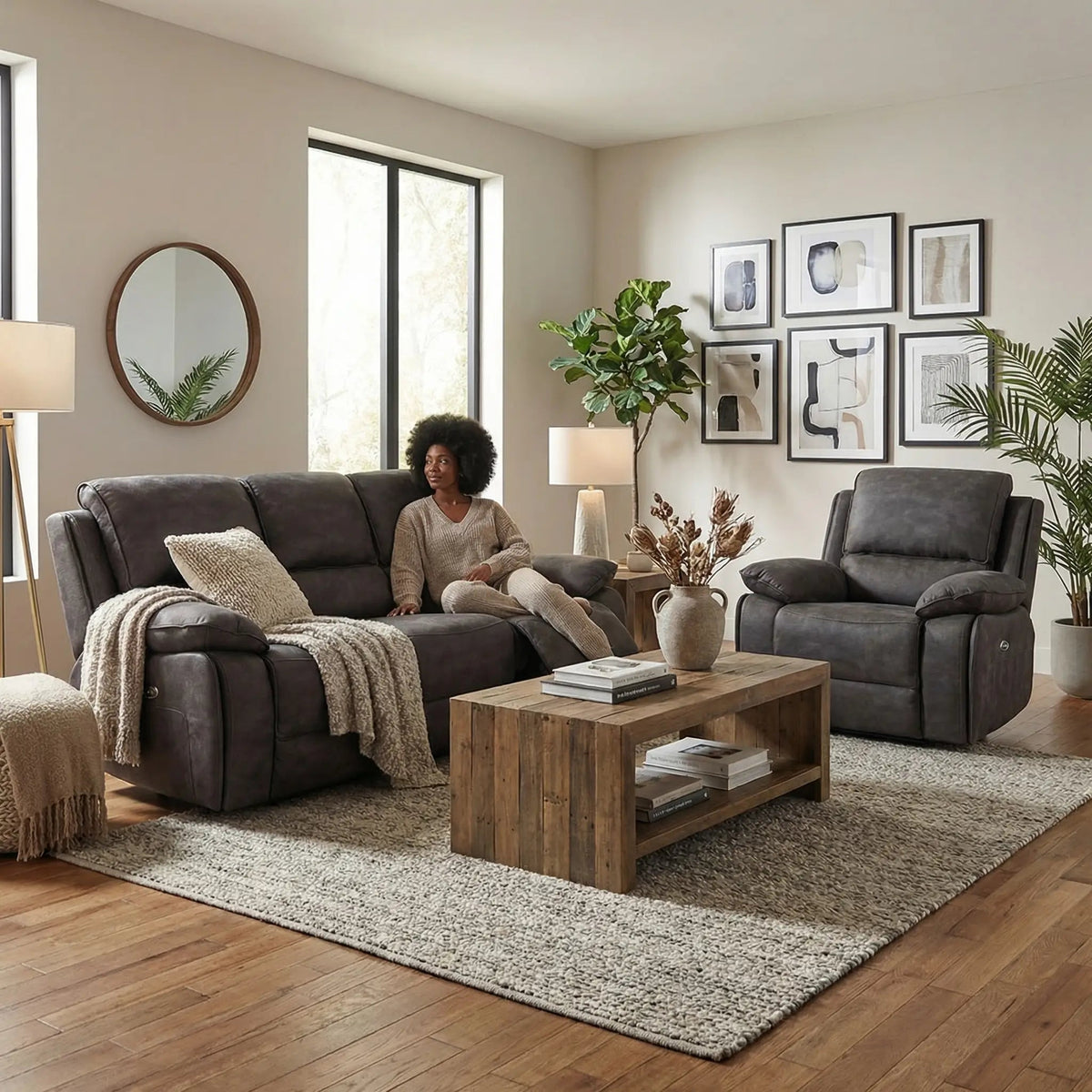 Maple Grey Suede Fabric Electric Recliner 3+1 Seater Sofa - view 3 - Furniture Instore