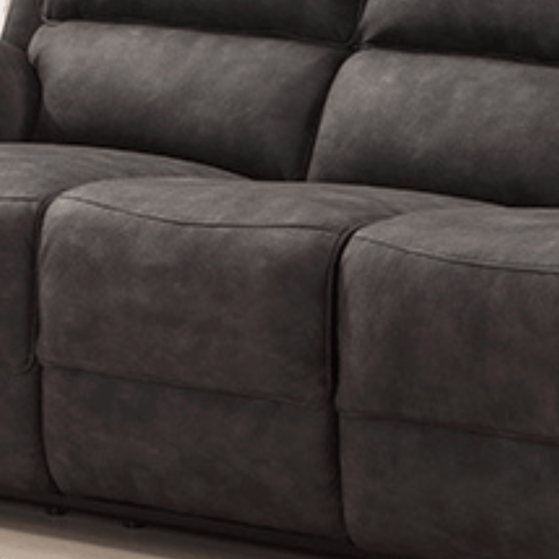 Grey fabric sofa with multiple cushions on a neutral background