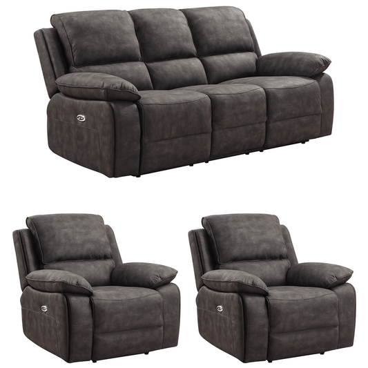 Grey recliner sofa set with two matching armchairs on a white background