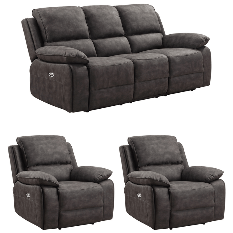 Grey recliner sofa set with two matching armchairs on a white background