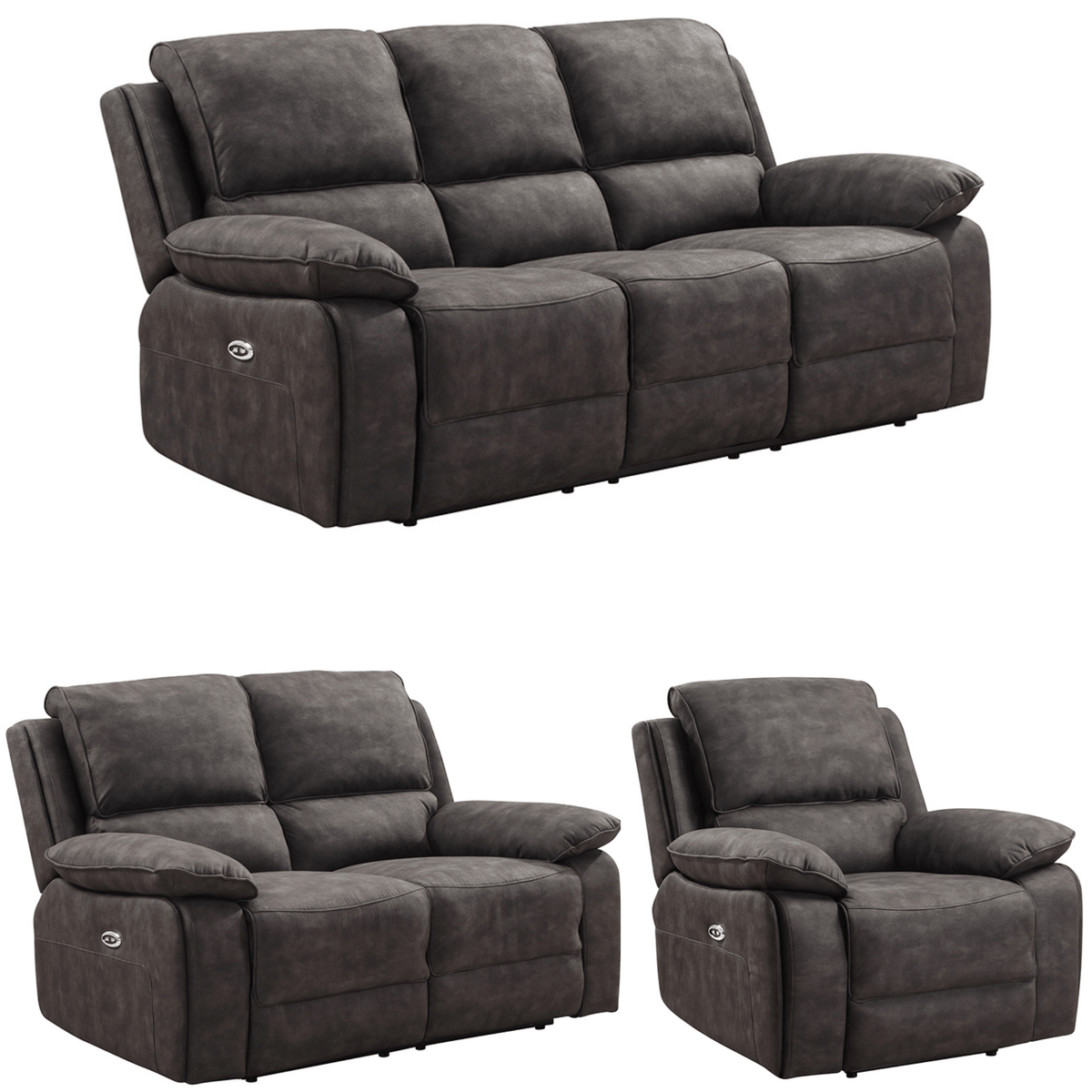 Grey reclining sofa set with two armchairs on a white background