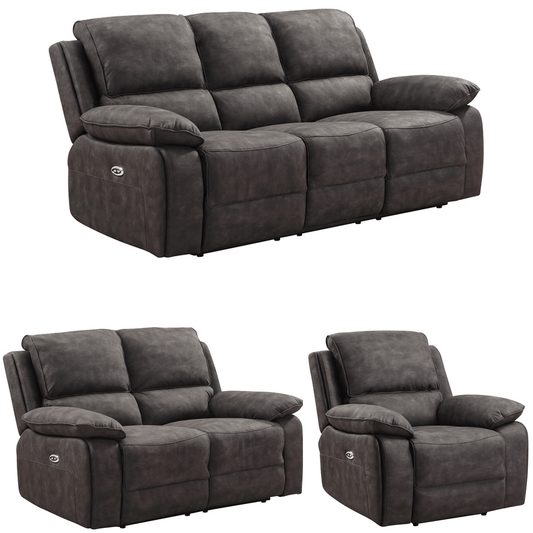 Grey reclining sofa set with two armchairs on a white background