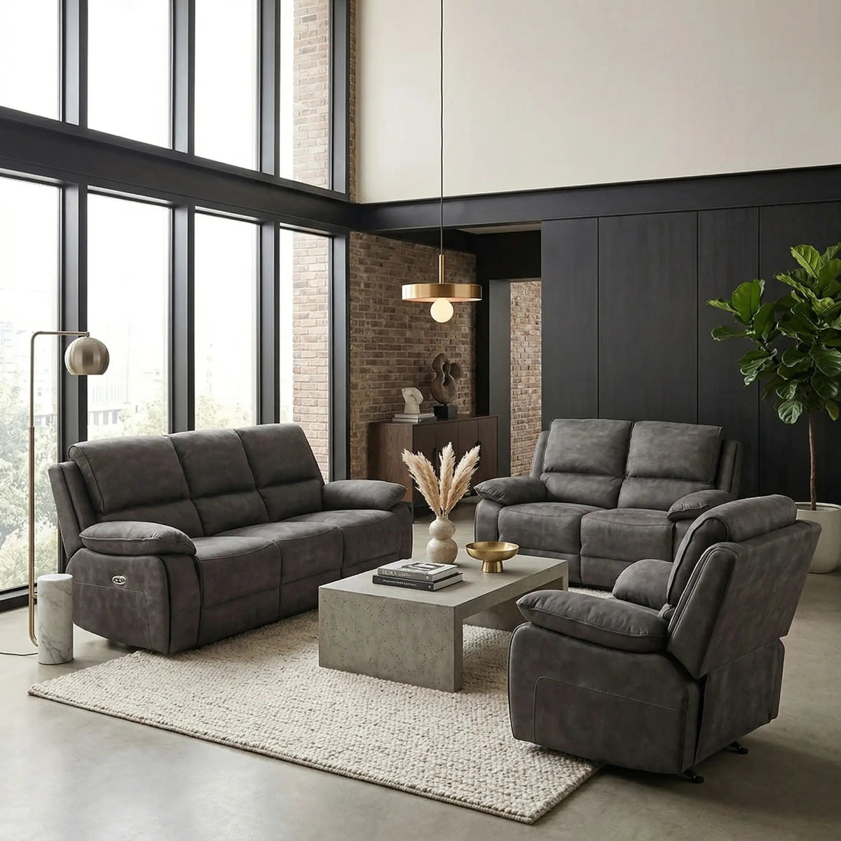 Maple Grey Suede Fabric Electric Recliner 3+2+1 Seater Sofa Set - Furniture Instore