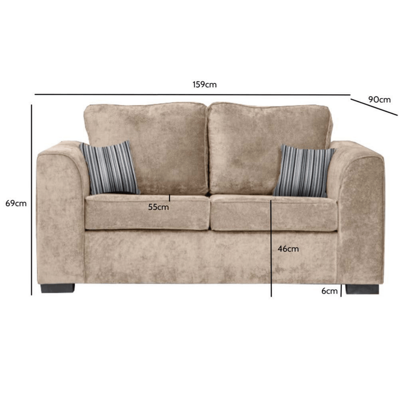 Nancy beige 2-seater sofa with plush cushions and, front-facing on a white background with