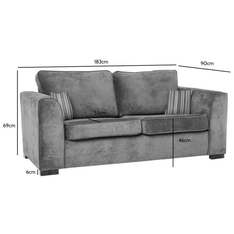 Nancy grey 3-seater sofa with plush cushions and modern design, front-facingwith measurements