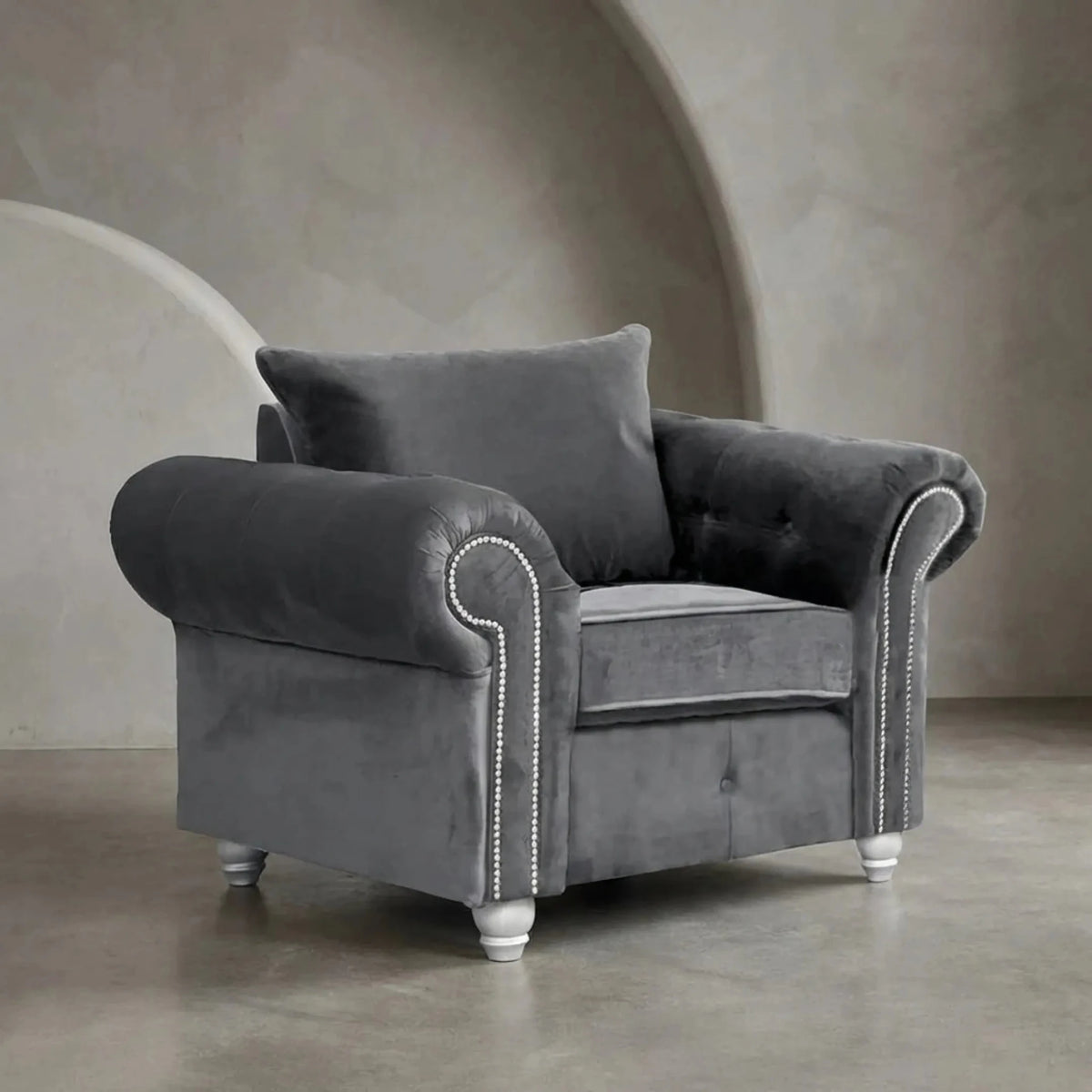Olympia Grey Fabric Velvet Armchair - Furniture Instore