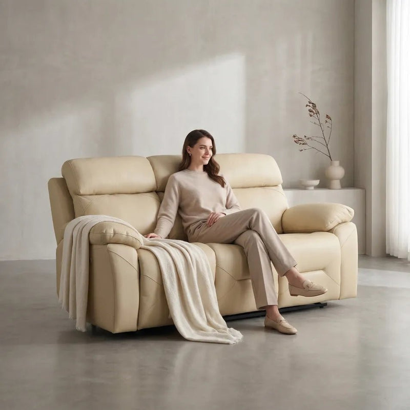 Renato Genuine Leather Cream Electric Power Recliner 3 Seater - view 2 - Furniture Instore