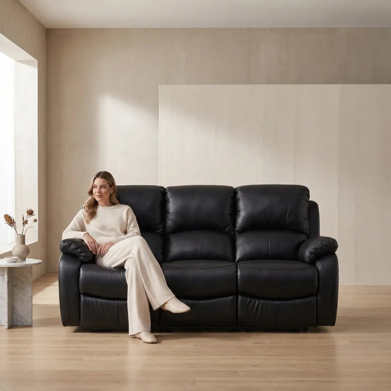 Roma Black Leather Manual Recliner 3 Seater Sofa 