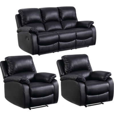 Roma Black Leather Manual Recliner 3+1+1 Seater Sofa Set
